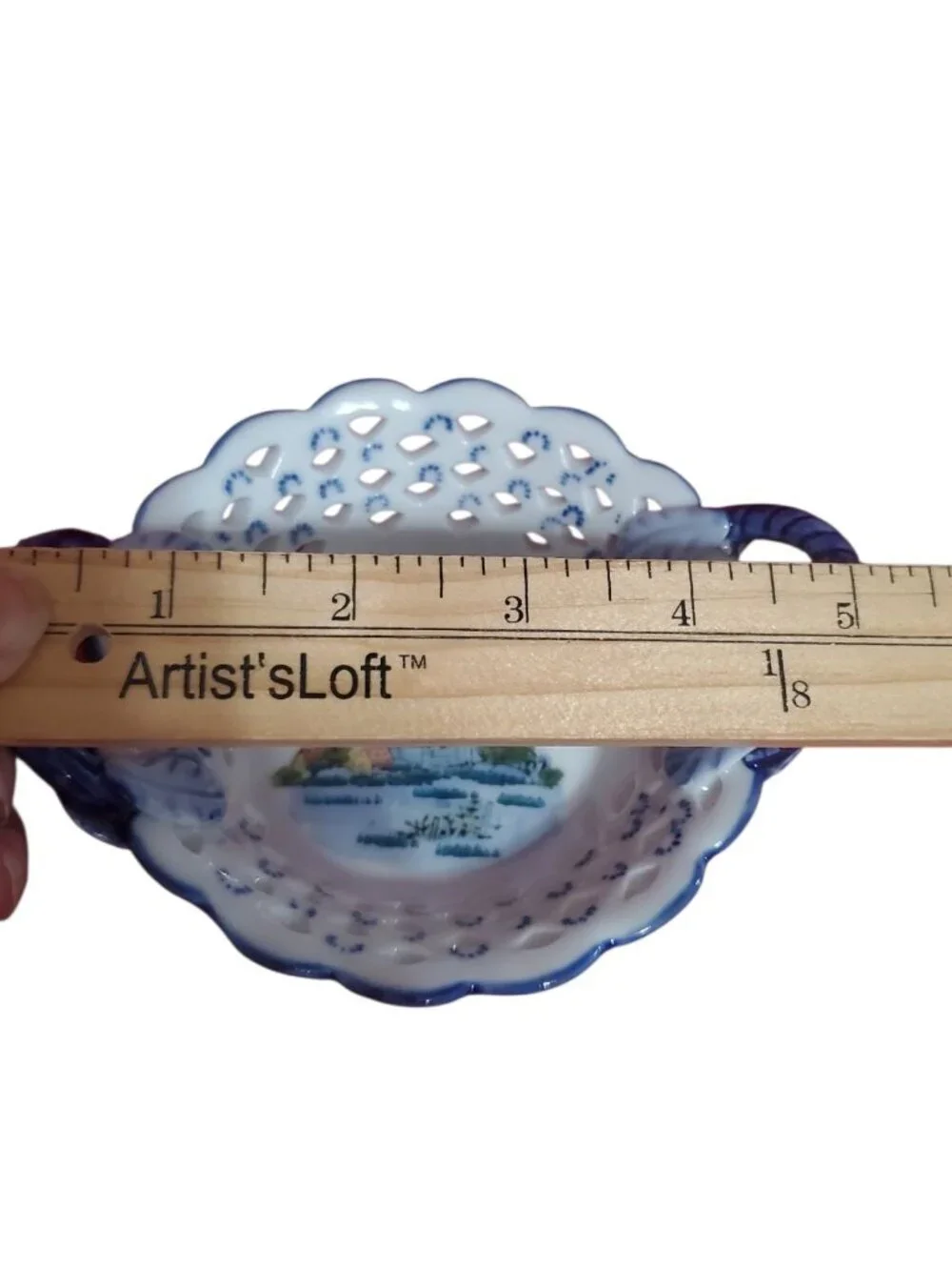 D.N&E.L Hand-Vtg Porcelain Basket W/Windmill Scene & Dual Handles Blue & White